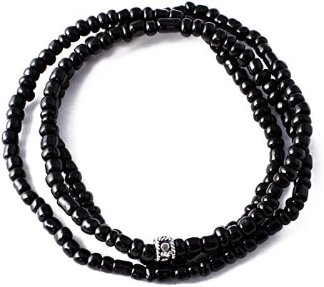 Perepaix RAVE Mens Bracelet 3 Wraps Black Seed Beads on Elastic and Single Silver Charm