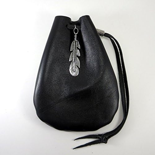Black Leather Drawstring Pouch with Feather Pewter Accent and Bead