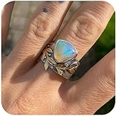 Metmejiao Vintage Moonstone Ring S925 Sterling Silver Diamond Ring for Women 18K White Gold Vintage Celtic Knot Rainbow Stone Rings Size 7