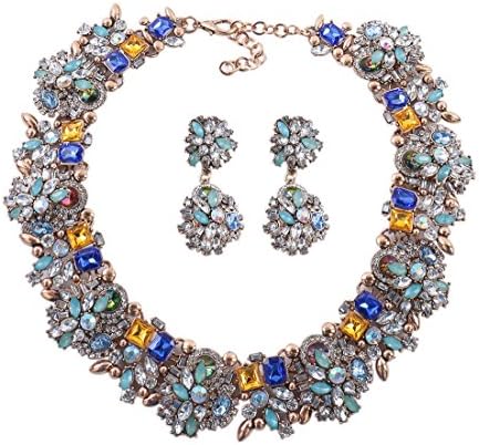 Kalse Multi-Color Rhinestone Statement Bib Choker Necklace Dangling Earrings Party Jewelry Set (NE0254)
