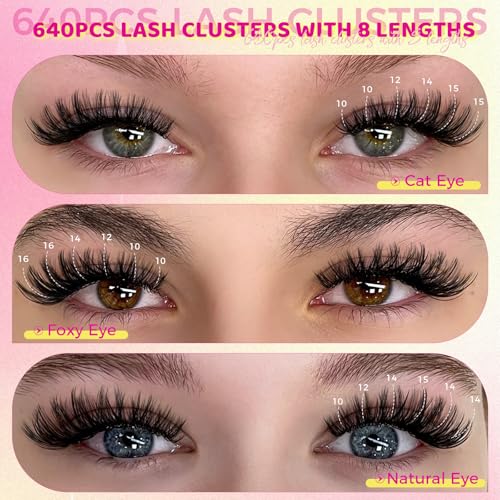 Cluster Lashes Kit Eyelash Clusters 30D 40D DIY Lash Clusters Kit Individual Lashes extension Kits 280PCS Natural Eyelash Extension Kits with Bond and Seal, Eyelashes Remover and Tweezer(Mix9-16mm)