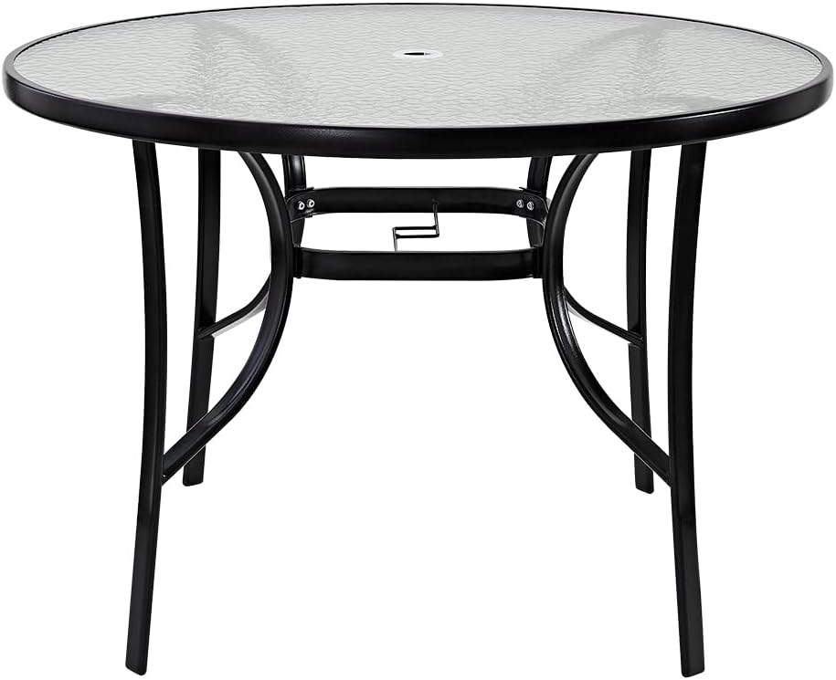 Panana 105cm Round Outdoor Dining Table Parasol Hole Tempered Glass Base Patio