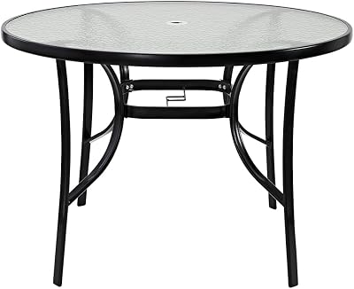 Panana 105cm Round Outdoor Dining Table Parasol Hole Tempered Glass Base Patio