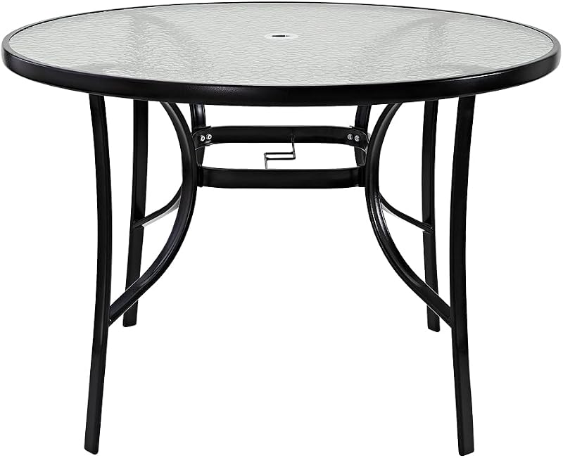 Panana 105cm Round Outdoor Dining Table Parasol Hole Tempered Glass Base Patio