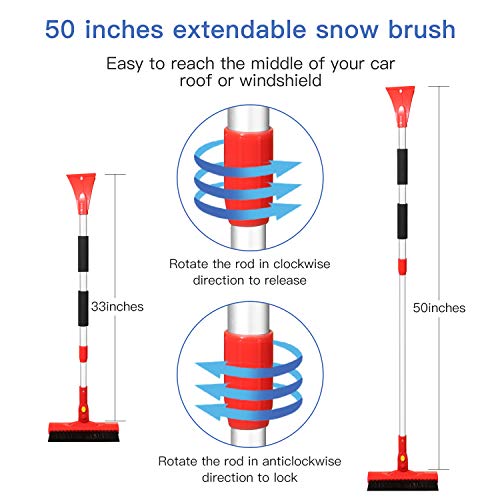 50" Extendable Car Snow Brush, 2019 Upgraded Snow Remover with Ice Scraper and Squeegee - Rotatable Brush Head Snow Removal with Foam Grip for Car Truck SUV