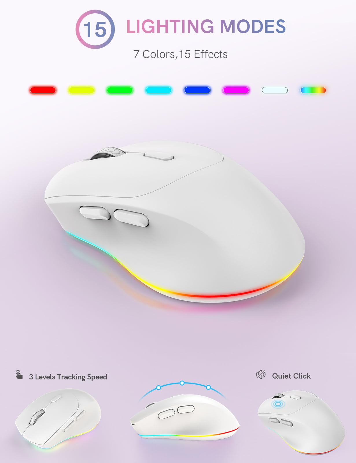 Wireless Keyboard and Mouse Combo with 7 Colored Backlits, Wrist Rest, Rechargeable Ergonomic Keyboard with Phone Holder, Silent Lighted Full Size Combo for Windows, Mac, PC, Laptop-Trueque (White)