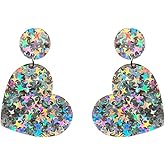 Acrylic Heart Glitter Sequins Drop Dangle Earrings Colorful Big Love Heart Statement Dangling Earring Studs Sparkling Jewelry for Women Girls Girlfriend Gifts Valentine's Day