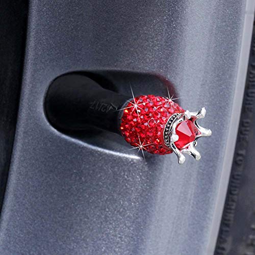 Valve Stem Caps, 4 Pack Handmade Crystal Rhinestone Universal Car Tire Valve Caps Chrome,Attractive Dustproof Bling Car Accessories - Red Diamond Crown