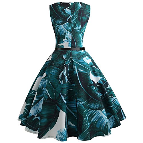 iZHH Women Fashion Vintage Print Dirndl Casual Simple Evening Party Prom Swing Dress Belt(Green,XL) - Thumbnail 2