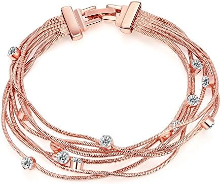 Focus Jewel Women's Multi-Strands Box Chain Bracelet Rhinestone Beads Embellishment with Snap-on Clasp