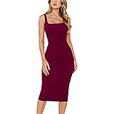 OWIN Women's Summer Sexy Square Neck Sleeveless Ruched Sheath Bodycon Midi Cocktail Party Work Dress