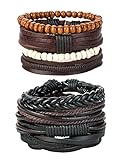 REVOLIA 8-12Pcs Leather Bracelets for Men Women Wooden Beaded Bracelets Braided Cuff