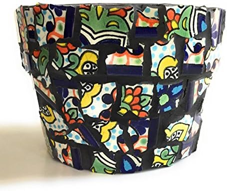 Mexican Tile Mosaic Flower Pot, 3.5 Inch Tall, Colorful Talavera Tile with Charcoal colored grout