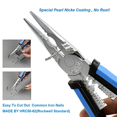 CR-V1B Big Needle Nose Pliers,7 in 1 Needle-nose Pliers with Wire Stripper/Crimper/Cutter Screw-remover Function, Heavy Duty No-rust Plier, 8 inch NEWACALOX