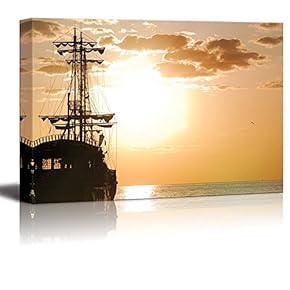 Canvas Prints Wall Art - Pirates Ship at Sea in Horizontal Orientation at Sunset | Modern Wall Decor/Home Decoration Stretched Gallery Canvas Wrap Giclee Print & Ready to Hang - 12" x 18"