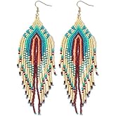 SHINUS BOHO Bohemian Tassel Colorful Beaded Earrings For Women Trendy, Long Fringe Feather Drop Jewelry Handmade Gifts.