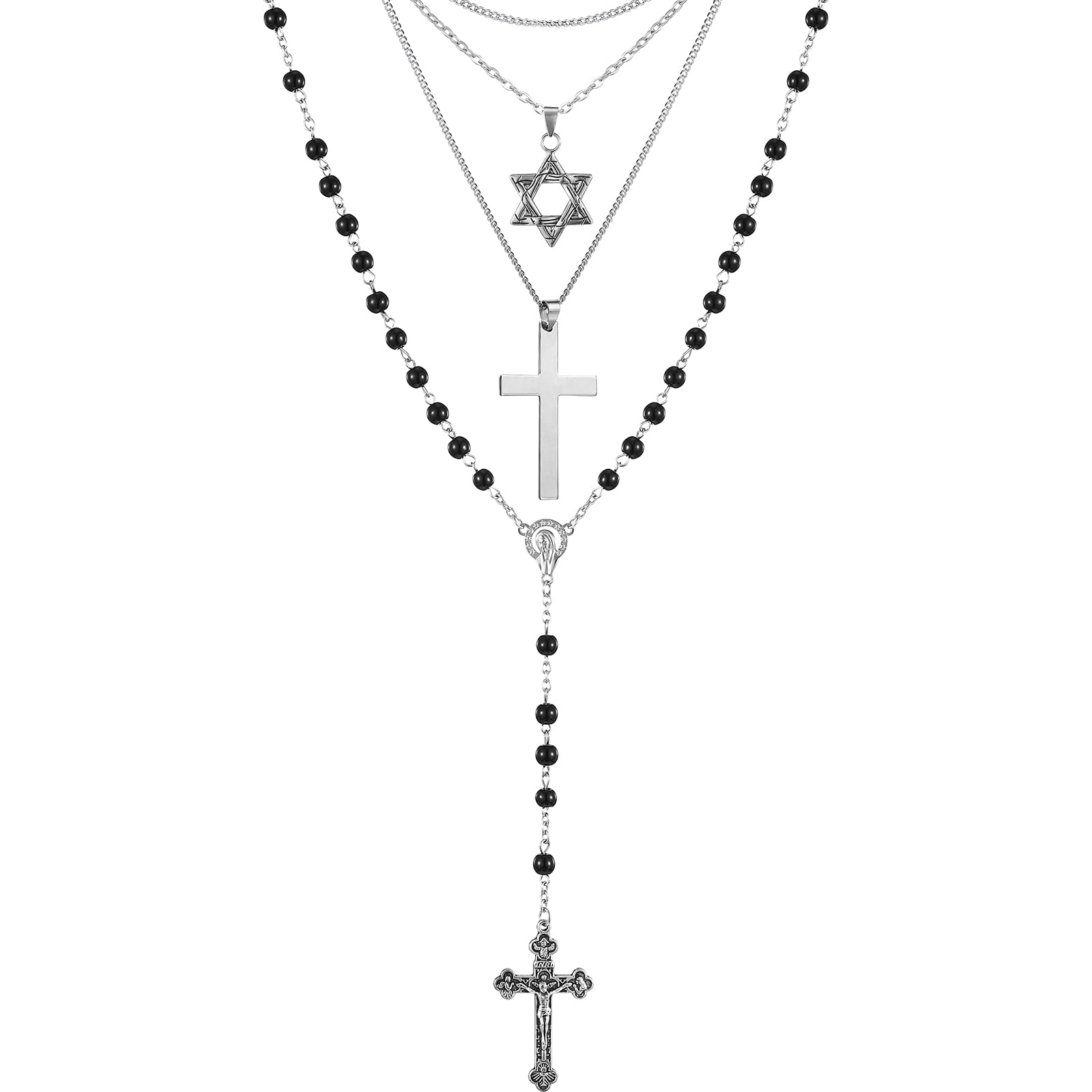 3 Pcs Cross Necklace Set Include 80s Vintage Cross Necklace 80s Cross Necklace Hexagram Pendant Necklace Set Black Glass Rosary Beads Rosaries for 80s Costume Set, Black,Silver