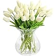AHXHWKA 30 pcs Real-Touch Artificial Tulip Flowers Home Wedding Party Decor (Off White)