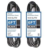 Thonapa 2 Pack of 6 Ft Black Extension Cords - 16/3 Heavy Duty Outdoor Electrical Cable with 3 Prong Grounded Plug for Safety