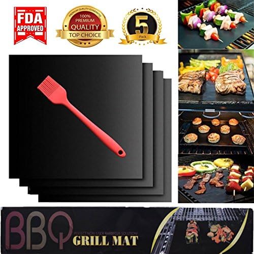GLADO -Set of 5- 100% Non-stick BBQ Grill &amp; Baking Mats &amp; Silicon Brush(Red) - FDA-Approved, PFOA Free, Reusable and Easy to Clean - Works on Gas, Charcoal, Electric Grill and More - 13" X 16"