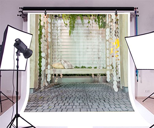 LFEEY 10x10ft Beautiful Wooden Front Porch Swing Backdrop Home Backyard Private Garden Wooden Bench Photography Background Portraits Girls Kids Children Photo Booth Props