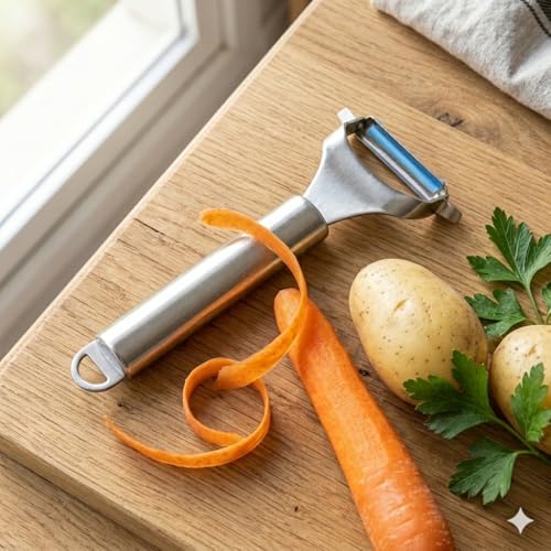 Professional Garlic Press + Vegetable Peeler – Garlic Chopper + Potato Peeler – Effortlessly Crushes in Seconds – Stainless Steel – Easy Cleaning, Dishwasher – Quick Cooking Kit Recipe QR