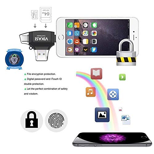 VIKASI SD Card Reader,Memory Micro SD Card Reader USB Type C Adapter Viewer Compatible with iPhone iPad Android Mac - with Lightning Micro USB Type C 4 in 1 (Black) - Thumbnail 3
