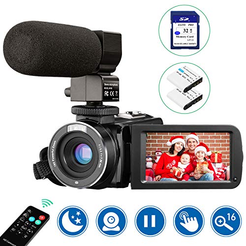 Video Camera Camcorder with Microphone, Aasonida FHD 1080P 30FPS 24MP IR Night Vision Digital 3'' IPS Touch Screen Digital YouTube Vlogging Camera with Remote Control, 32GB SD Card, 16X Digital Zoom