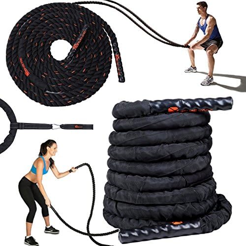 Premium Quality Battle Ropes with Anchor Strap Kit - 100% PolyDac with Protective Nylon Cover Ideal Exercise Training Rope for Men Women Total Body Workouts to Improve Cardio, Strength &amp; Power - 30ft
