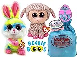 TY Beanie Boos 2018 Easter Collection Lollipop (Multi-color Bunny) & Dixie (Grey Lamb) Gift Set Basket Bundle with Bonus 