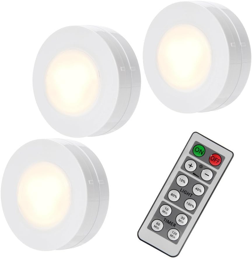 SOLLED Wireless LED Puck Lights, Kitchen Under Cabinet Lighting with Remote Control, Battery Powered Dimmable Closet Lights, 4000K Natural Light-3 Pack
