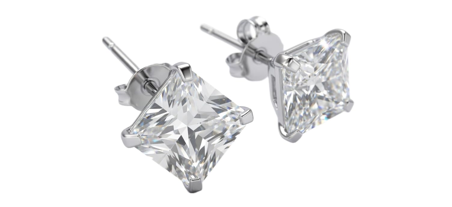 OUTLETISSIMO® UN21 Men's Earrings Silver Steel Diamond CZ Square 6 mm, Sterling Silver, Cubic Zirconia