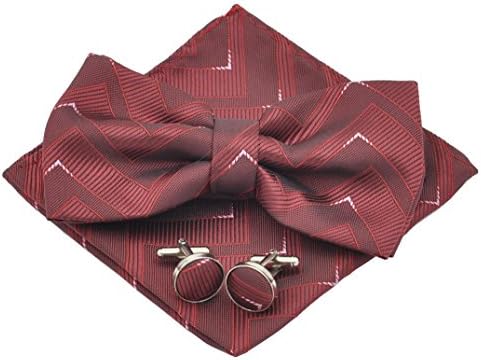 Ruibao Men's Pre-tied Bow Tie Pocket Square Cufflinks Set with Wave Pattern (Wine red)