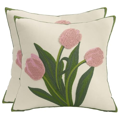 Tosleo Flower Cushion Covers 40 x 40 cm Throw Pillow Covers Pink Tulip Embroidery Cotton and Linen Pillow Case for Sofa Bed Garden Patio Home Decor Set of 2