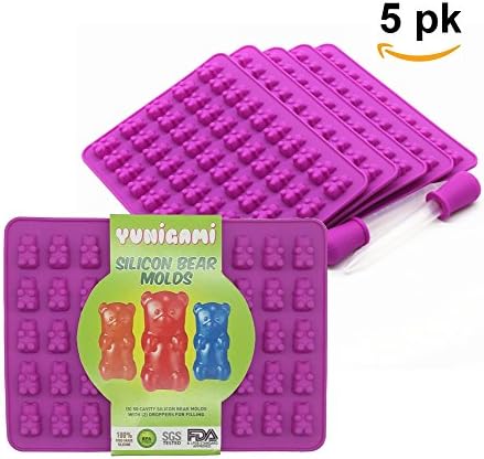 5 PACK - 250 Cavity SILICONE GUMMY BEAR MOLD by Yunigami - FDA Approved, Kid Approved, (Bonus Droppers + Recipes!) – Great for Candy, Chocolate, Ice Cubes, Vitamins and More