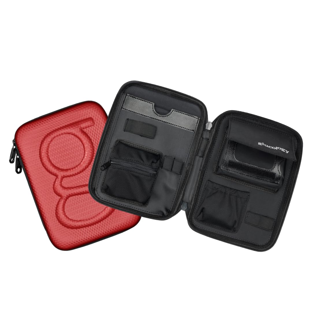 Glucology™ Diabetic Travel Case Plus Size - Organizer for Blood Sugar Test Strips, Medication, Glucose Meter, Pens, Insulin Syringes, Needles, Lancets - Hardshell Carrier Pack - Plus, Red