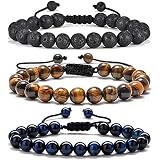 DHQH Natural Stone Chakra Bracelet - 8mm Lava Rock & Tiger Eye Adjustable Diffuser Bracelet For Men
