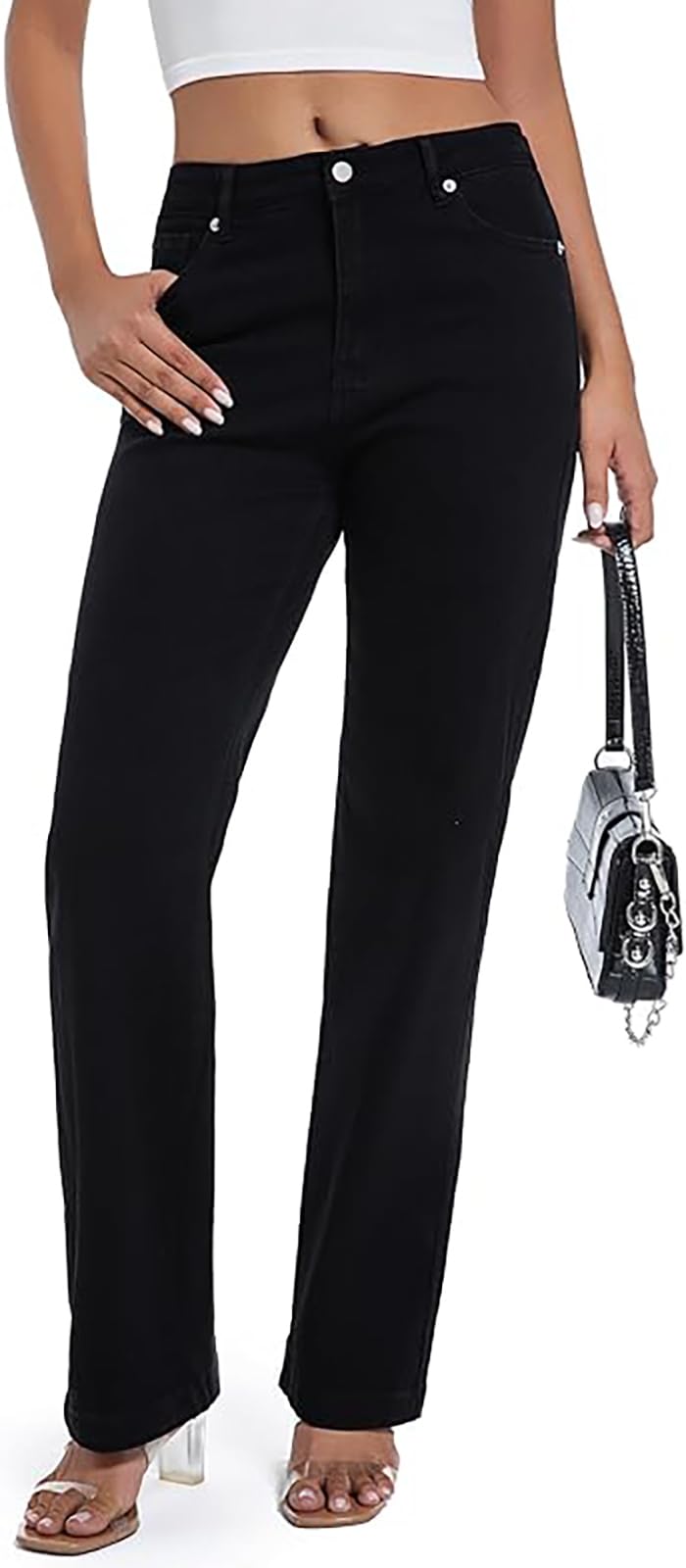 Photo 1 of Tsher Womens Jeans Mid Waisted Straight Leg Loose Stretchy Lightweight Tummy Control Trendy Jeans for Women ?12, Black