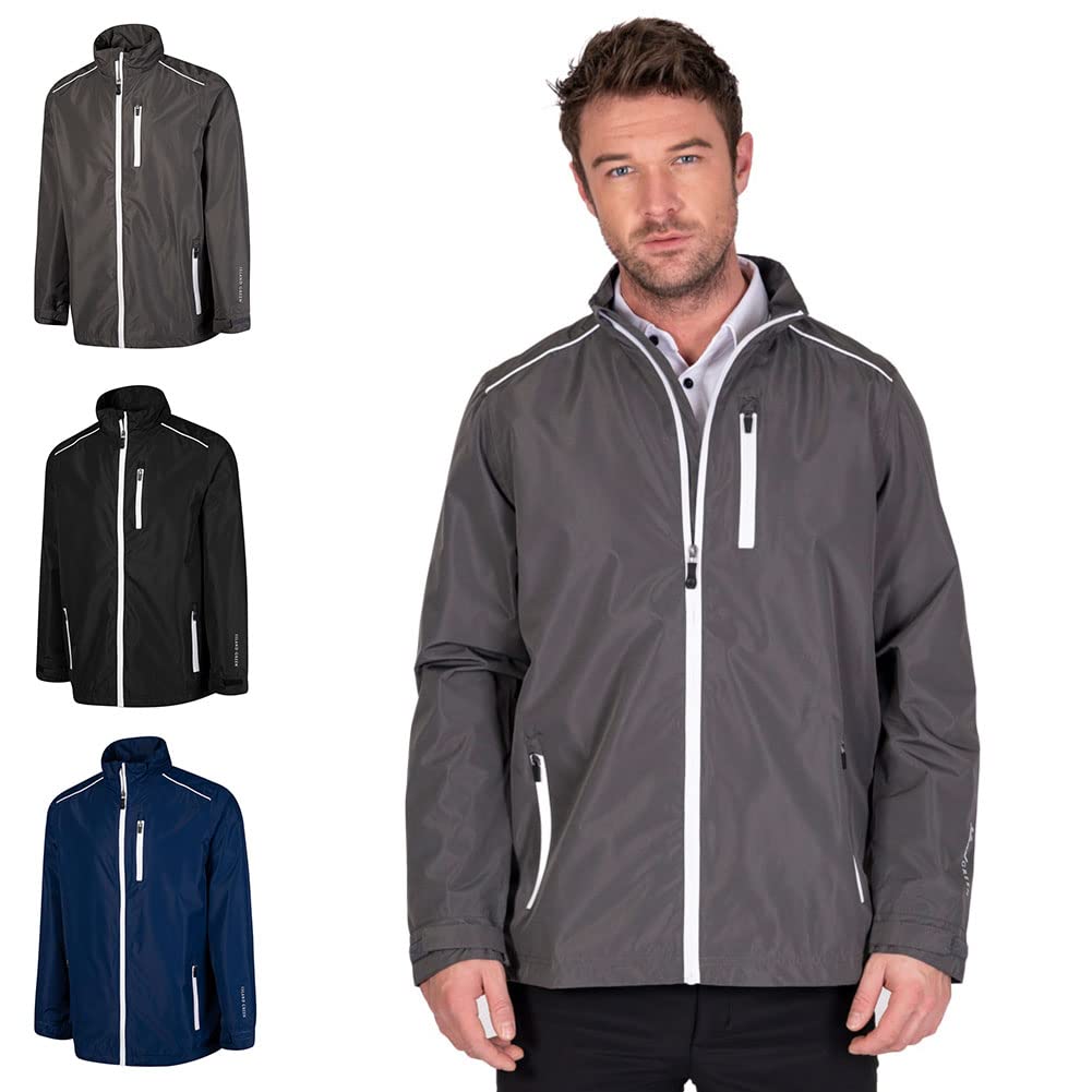 Island GREEN Essentials Mens Golf Full Zip Waterproof Jacket, Charcoal/White, Medium