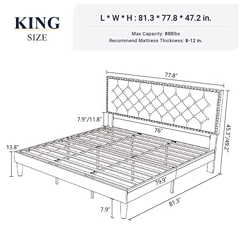Allewie King Size Bed Frame, Velvet Upholstered Platform Bed with