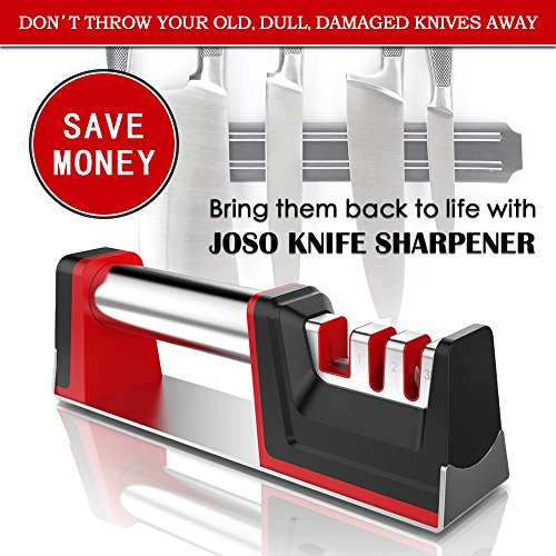 Joso Professional Kitchen 3 Stage Stainless Knife Sharpener with Diamond Tungsten Ceramic for Dull Steel, Paring, Chefs and, medium, Red, Black, chrome, silver