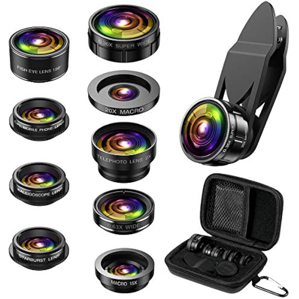 Phone Camera Lens, 9 In 1 Cell Kit, Zoom 0.36X Wide Angle + 0.63X 15X