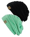 Unisex Trendy Warm Chunky Soft Stretch Cable Knit Slouchy Beanie Skully Gift Set- Black & Sage