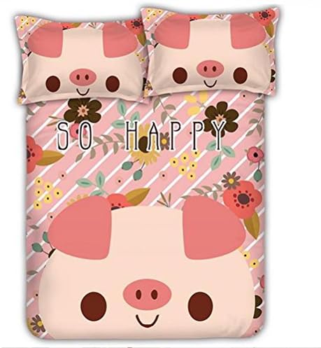100% Cotton 4-Piece Cartoon Bedding Sets,3D Watercolor Happy Little Fat Pig Pattern Abrasion Printing, 1 Quilt Cover, 1 Bedsheets, 2 Pillowcase , Pink , 150200