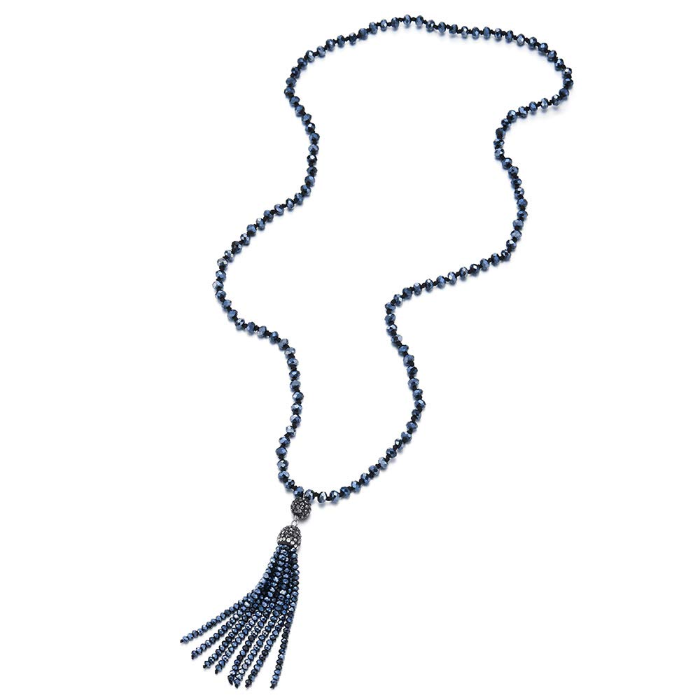 iMECTALII Fashion Statement Necklace Y-Shape Fringe Tassel Pendant Dark Grey Blue Crystal Beads Long Chain
