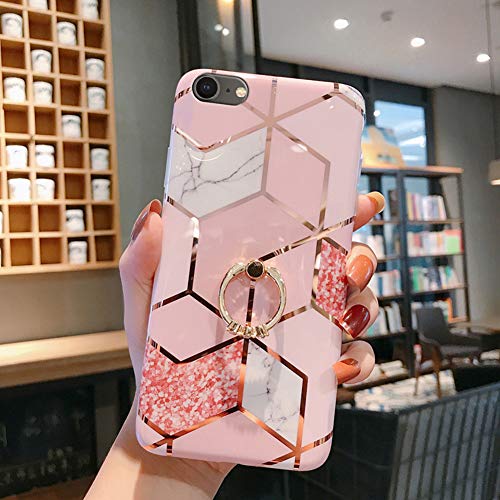 Case For Iphone 8 7 Marble Case Girls Women Polished Plating Mosaic Marble Designed Flexible Soft Rubber Gel Tpu Case Cover Bling Glitter Diamond Ring Stand For Iphone 8 7 Silicone Case Pink B