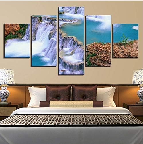 PANDABOOM 5 Piece Artwork Hd Stretched And Framed Canvas Prints Waterfall Landscape Pictures Paintings On Canvas Wall Art For Livingroom Bedroom