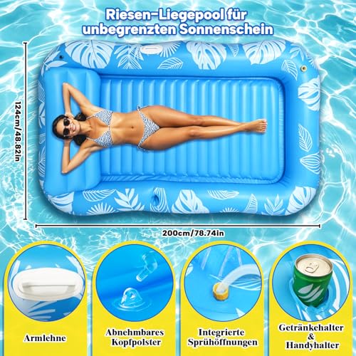 Inflatable Pool Mattress, Tanning Pool Adult with Cup Holder, Handles and Backrest, 200 × 124 cm Tanning Pool Hammock Water Tanning Mat for Garden Parties, Beach and Pool