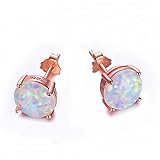 Round White Fire Opal Rose Gold Women Stud Earrings