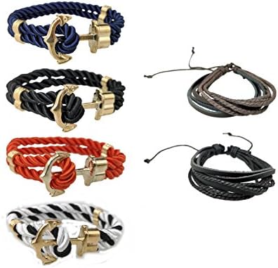 XHMBXY Vintage Nautical Anchor Charm Multiplayer Rope Twining Weave Nylon Rope Leather Bracelet Bangle Cuff Cord Anchor Surfer Wrap Adjustable